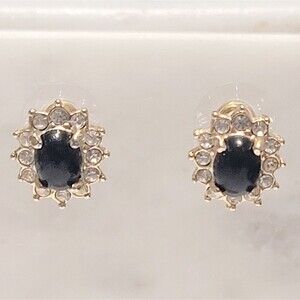 Roman Pierced Stud Earrings Goldtoneblack Glass & Rhinestones 0.5" VTG